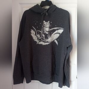 Port and Company Dark Gray Hoodie with White Cat-on-Shark Graphic